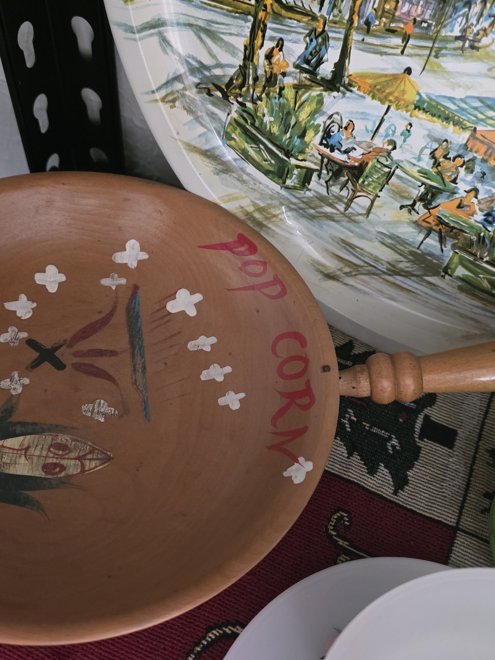 Hand-Painted Wooden Popcorn Serving Bowl with Handle - Brown & Red Accents